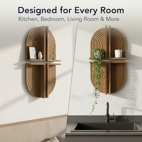 Image of American Art Decor Brown Natural Boho Arched Lunar Ledges Wall Shelf, Wood 4 Piece Floating Display Shelf, Modular Arch Bookshelf for Bedroom, Bathroom, Kitchen & Living Room Decor, 6 inch x 12 inch x 4.75 inch