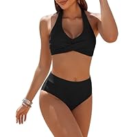 Ekouaer Bikini Damen Set Badeanzug Bauchweg Zweiteiler High Waist Bademode Bikinis Neckholder, Schwarz, L