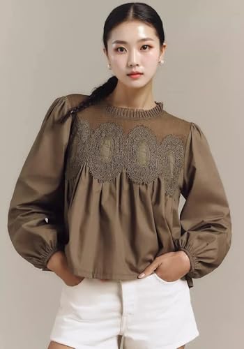 VAOYIU Women Lace Poplin Ruffle Mesh Blouse Long Sleeve Crew Neck Swing Babydoll Tops Elegant Shirt with Embroidery2