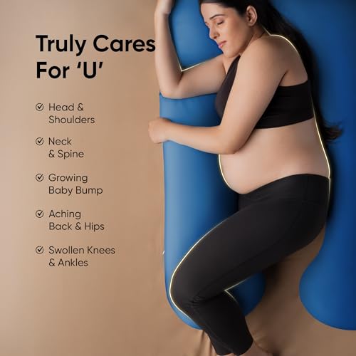 Image of Frido Maternity U-Shaped Pillow | 360 Full Body Pregnancy Support | Detachable Arm & Arm Locator Pocket | Support for Back, Belly, Hips & Legs | 50 inch Soft Suede Velvet Cover | Blue