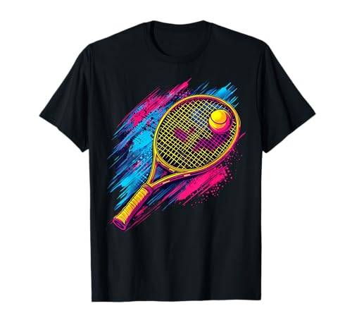 Colorido pintado raqueta de tenis y pelota en tenis artístico Camiseta