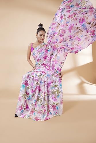 Image of Garden Vareli Summer Roganza Viscose Brasso Floral Print Saree with Unstitched Blouse Piece