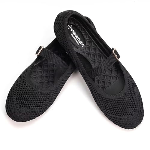 Image of Frank Mully Women's Mary Jane Flats Comfortable Dressy Ballet Flats Casual Round Toe Slip On Washable Knitted Fabric Office Work Woman Shoes