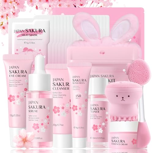 Sakura Skin Care Set Geschenke für Frauen - Skincare Set - Gesichtspflege Beauty set Mädchen - Reiseset Gesichtspflege Set Reinigend & Nährend - Mit Schlammmasken Serum Creme Sonnencreme (29PCS)
