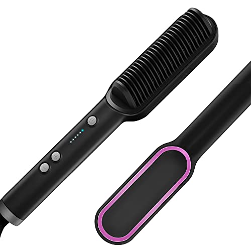 LuckAuk Hair Straightener Brush, Ionic Hair Straightener and Curler 2 in 1, Fast Heating & 5 Temp Settings, Auto Temperature Lock Hot Combï¼ˆBlackï¼‰