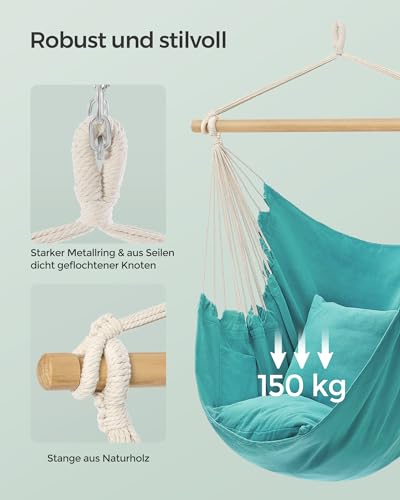 SONGMICS Hängesessel, Hängeschaukel, Hängestuhl mit 2 Kissen, Metallkette, bis 150 kg belastbar, Indoor und Outdoor, Wohnzimmer, Schlafzimmer, mintgrün GDC187Q02 4
