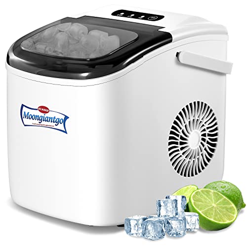 Moongiantgo Máquina para Hacer Hielo Compacto para Hogar 1,5 kg/24 Horas, 9 Cubitos Listos en 6-8 min, con Función de Autolimpieza & Compresor CC Silencioso, Incluye Pala y Cesta Extraíble, Blanco Cover