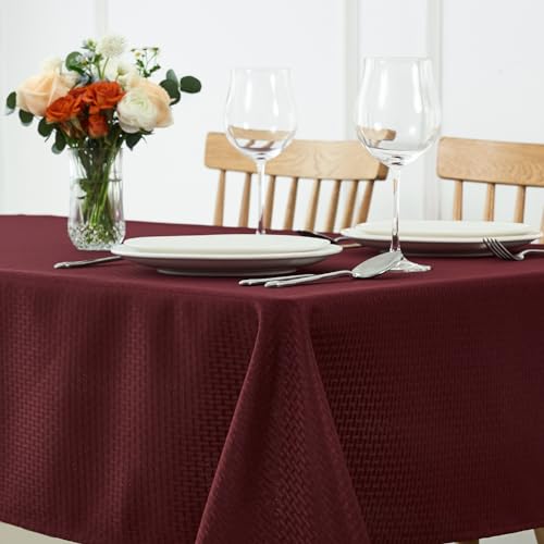 Image of maxmill Tablecloth Weaved Texture Stain Resistant Waterproof, Wrinkle Resistant Washable Table Cloth, Fabric Table Cover for Dining Room, Indoor Outdoor Use, Rectangle 60 x 120 Inch, Burgundy