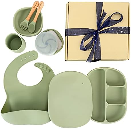 AllStarCH 7 Piece Baby Feeding Set - Toddler Plate & Bowl with Suction, Adjustable Silicone Bib, Snack Cup with Lid, Water Cup & Utensils - Baby Tableware Set, Toddler Eating Supplies