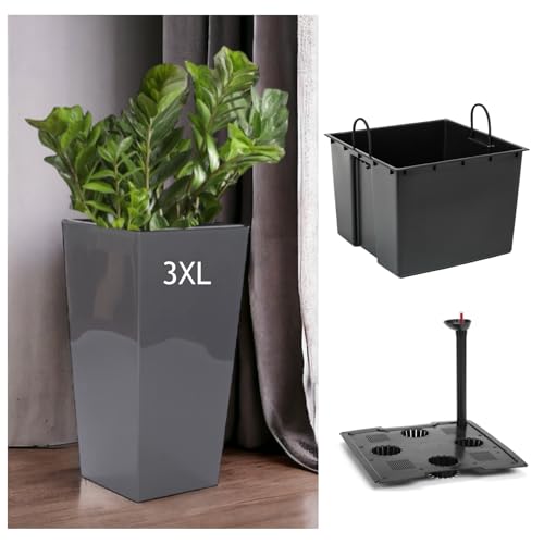 MELTOM XXL Pflanzkübel mit Bewässerungssystem aus Kunststoff in Hochglanz Farbe: Anthrazit mit Herausnehmbaren Einsatz, BxTxH in cm: 39 x 39 x 75 cm