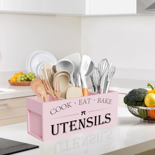 Image of Suli Extra Large Kitchen Utensils Holder with 4 Compartments, Wooden Utensil Organizer for Kitchen Countertop, Farmhouse Kitchen Decor, Rustic Cooking Utensil - Pink