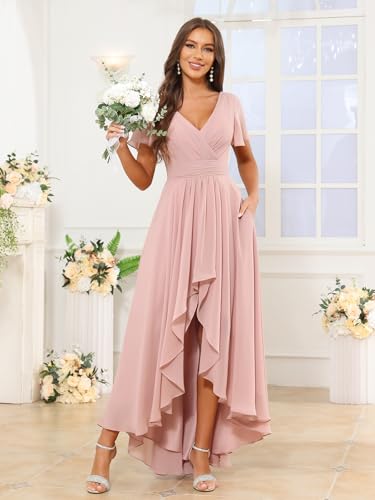 Flutter Sleeve Chiffon Bridesmaid Dresses for Women V Neck Pleated Hi-Low Evening Formal Dress4