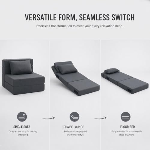 Image of Folding Sofa Bed | Convertible Sleeper Chair Bed for Adults, Fold Out Chair to Bed Linen Futon Chair with Pillow, for Home Dorm Apartment RV Living Room, Single Size Dark Gray