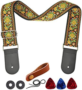 Farcaya Guitar Strap Acoustic Electric Bass Guitar Strap Jacquard Weave Cotton Adjustable Guitar Shoulder Strap with 2Strap Locks + 3Picks+ Headstock Strap Button (Yellow Flower)