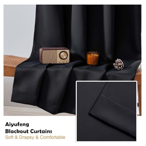 Image of Aiyufeng Black Blackout Curtains for Bedroom 84 Inch Length 2 Panels Set, Thermal Insulated Room Darkening Light Blocking Rod Pocket Window Treatment Drapes for Living Room, 50 inch W x 84 inch L