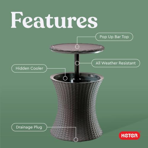 Image of Keter Pacific Cool Bar Outdoor Patio Furniture and Hot Tub Side Table with 7.5 Gallon Beer and Wine Cooler, Espresso Brown