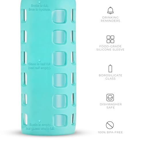 purifyou 40/32/22/12 oz Glass Water Bottles, Reusable with Time & Volume Markings, Non-Slip Silicone Sleeve, Stainless Steel Lid, for Water, Milk & Juice (12oz OceanMist)