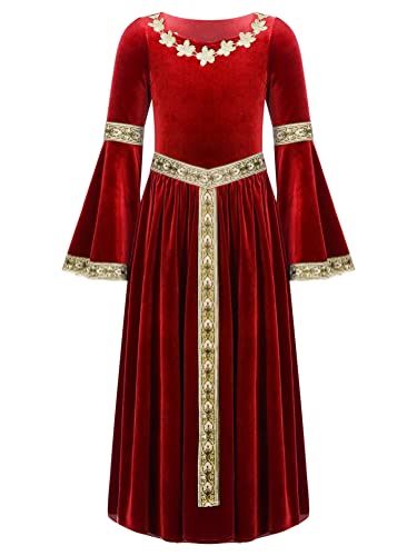 Alvivi Mittelalterliches Kleid Mädchen Mittelalter Kleid Vintage Bandage Renaissance Kleid Maxikleid Cosplay Karneval Fasching Partykleid A Rot 134-140