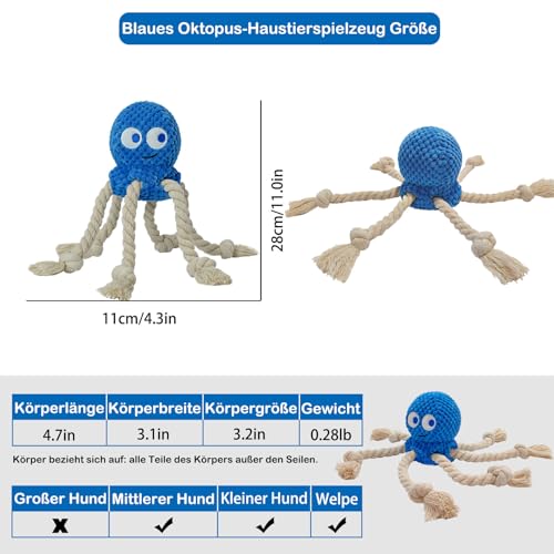 TONYFY Niedliche Meerestieren Hundespielzeuge mit Quietscher, Interaktive Plüschspielzeuge aus Baumwolle mit Knoten und Knisterpapier – für Welpen, kleine und mittelgroße Hunde (Blauer Oktopus)