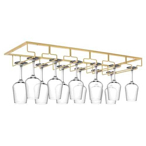 Xverycan Wine Glass Rack Under Cabinet, 6 Row Extreme Large Stemware Hanger, Metal Wine Goblet Holder, DIY Bar Glass Storage Rack for Bar Counter, Kitchen, Screws Included (Gold)