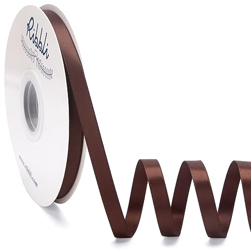Ribbli Coffee Brown Satin Ribbon Double Faced Satin 3/8 Inch x Continuous 50 Yards-Brown Ribbon for Gift Wrapping Crafts Wedding Decoration Bows Bouquet Floral Arrangement