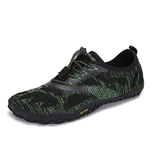 Mens Womens Barefoot Gym Running Walking Trail Beach Hiking Water Shoes Aqua Sports Pool Surf Waterfall Climbing Quick Dry Black/Green 9.5 M US Women / 8 M US Men