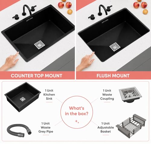 Image of Happy Homes Quartz Sink For Kitchen 24x18x9 INCH - Smoky Black Granite Kitchen Sink With Waste coupling & PVC Pipe | Smooth Finish, UV Protected, Top & Under Mount| 10 Years warranty