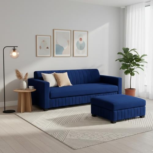 Image of FURNY Gracina 4 Seater L Shape Sofa Set with Movable Ottoman | Flexible Left or Right Layout | Plush Velvet Fabric (Dark Blue) | Perfect for Living Room, Guest Room & Office