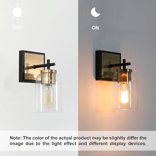 Image of KSANA Black & Gold Wall Sconces, Electroplate Brass Sconce Wall Lighting, Modern 1-Light Bathroom Light Fixtures with Clear Glass Shade for Stairway, Living Room and Kitchen