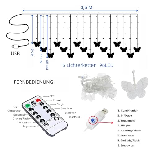 TETSMG Lichtervorhang Schmetterling, 3.5M 96 LED Frühlingsdeko Lichtervorhang Innen, Lichterketten Vorhang USB 8 Modi, Lichterkette Vorhang mit Fernbedienung Timer für Frühling Zimmer Deko (Warmweiß)