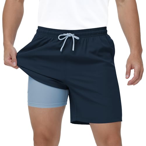 Zoofly Mens Swim Trunks 2 in 1 Swim Shorts Quick Dry Board Shorts with Zipper Pockets and Compression Liner Navy M