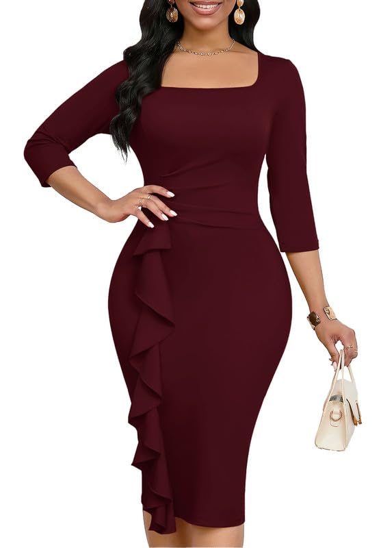 Image of MarryUP Womens Work Dresses Elegant Square Neck 3 /4 Sleeve High Waist Bodycon Ruffle Vintage Church Pencil Midi Dress