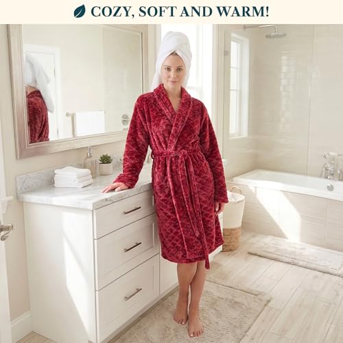 Image of PAVILIA Plush Robe for Women, Soft Fleece Short Bathrobe, Warm Lightweight Knee Length Lounge Robe with Pockets