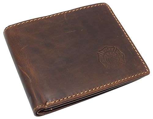 RFID Blocking Fire Fighter Embossed Leather Center ID Flap Bifold Wallet for Men (RHU Brown)