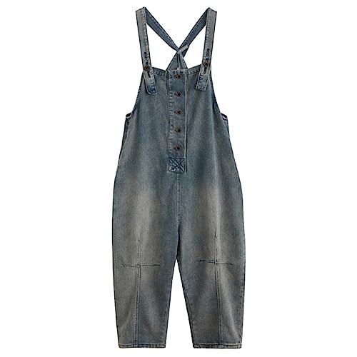 Nostalgic Denim Casual Strappy Pants high Waist Pants Fashionable and Versatile Personality Loose Large Yards Turnip Pants (Color : Blue, Size : X-Large)