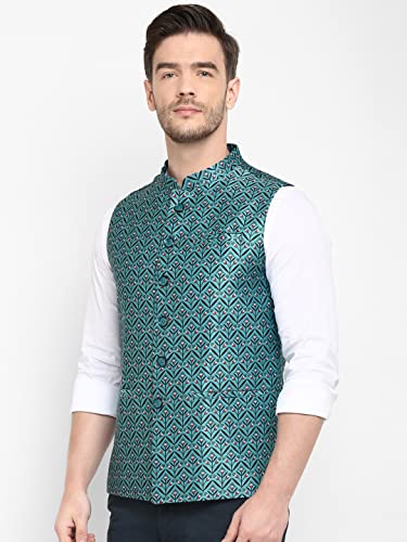 Image of hangup Men's Printed Cotton Nehru Jacket /waist coat, color Green. Size 38 (170A PrintedDup Nehru)
