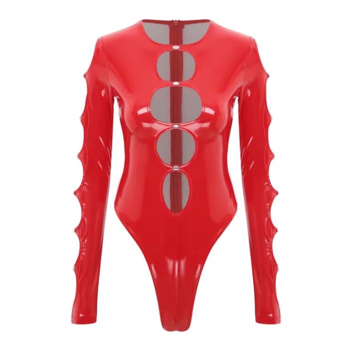 Body da donna in pelle PU a maniche lunghe taglio alto body tuta pole dance rave, abbigliamento da discoteca, Rosso, S