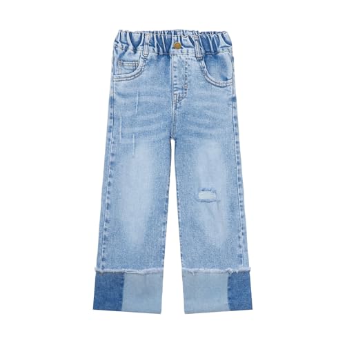 Mud Kingdom Girls Jeans with Elastic Waist Pull On Wide Leg Pants Denim Blue Loose Stretch