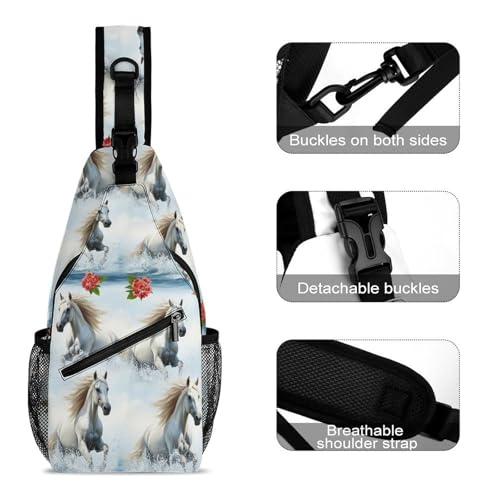 Breathable Mesh Shoulder Pack White Horses Gym Fitness, Moisture-Wicking Crossbody Sling Yoga Running Workouts3