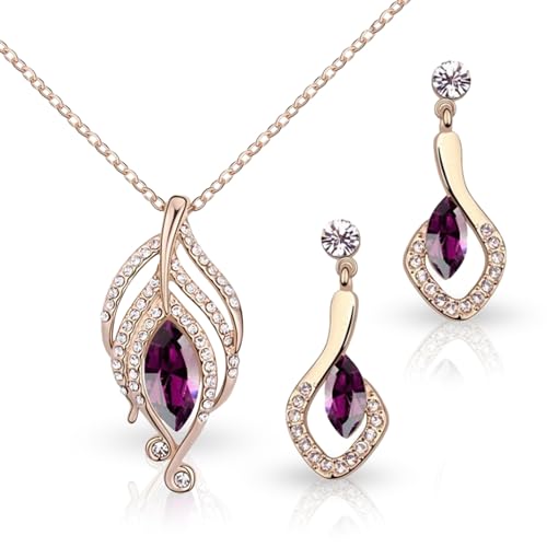 Crystalline Azuria Crystals Simulated Amethyst Set Pendant Necklace 18 inches Earrings 18K Rose Gold Plated for Women