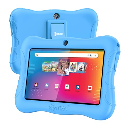 Image of Contixo V9 Kids Tablet, 7 inch HD Android Tablet with Parental Controls, Blue | 7 inch HD display, Android 11, 32GB storage, Wi-Fi, dual cameras, parental controls, protective case, ages 3-7.