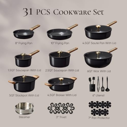 Image of CAROTE Ceramic Cookware Set Nonstick, 31pcs Pots and Pans Set Nonstick, Non-Toxic & PFAS-Free, Dishwasher Cookware Set, Cooking Pots with Lids, Black