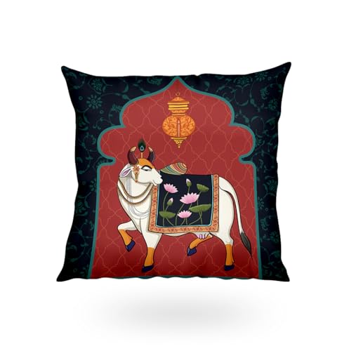 Image of SCPmarts Pichwai Printed Satin Cushion Covers Set of 5 - 16x16 Inch Square Decorative Throw Pillow Covers for Sofa, Living Room, Bedroom & Home Decor (Cow)