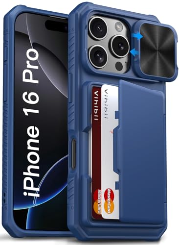 Image of Vihibii for iPhone 16 Pro Wallet Case with Card Holder (4 Cards) [RFID Blocking] & Slide Camera Cover & Raised Edges Protect Screen, Shockproof Rugged Phone Cover for iPhone 16 Pro 6.3 inch 2024, Blue