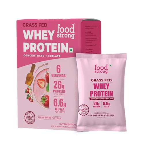 Image of Foodstrong Whey Protein Powder (Concentrate + Isolate), 100% Hormone Free Grass-Fed Whey, 26G Protein & 6.6G BCAA, Strawberry, With Turmeric & Digestive Enzymes, 6 Sachets, 210G