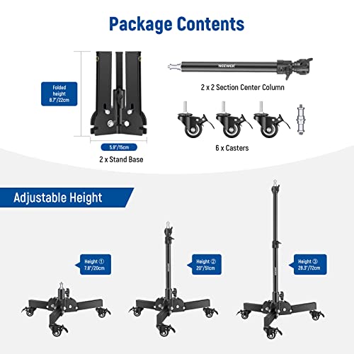 Image of NEEWER Pack of 2 Heavy Duty Light Stands with Wheels, 2.4 Feet Max. Height, Foldable Tripod for Low Angle Shooting, Lighting Stand for Softbox, Monolight and Other Photography Equipment, ST72
