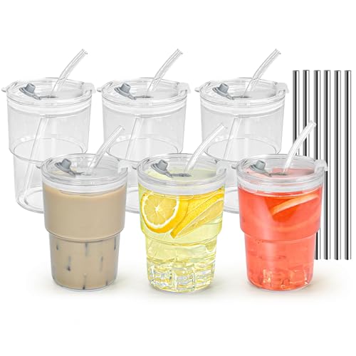 Icesip 15 oz Plastic Iced Coffee Cups with Lids and Straws Set of 6, Unbreakable Drinking Glasses Reusable Iced Coffee Glass to Go Cup for Matcha Tea Smoothie Juice Cup Dishwasher Safe