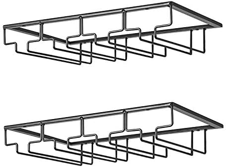 defway Wine Glass Rack - Under Cabinet Stemware Rack, Hanging Wine Glass Holder 2 Pack for Kitchen Bar Pub 4 Rows Black