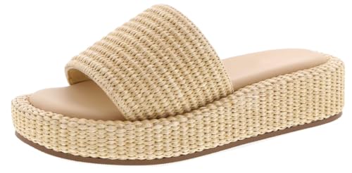 TruFox Raffia Platform Sandals for Women - Summer Slides Comfortable Straw Wedge Slip On