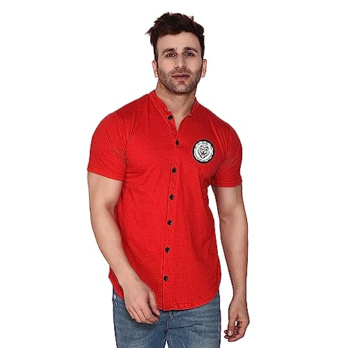 Image of Geum Men's Mandarin Collar Shirt with Graphic Print| Short Sleeve Cotton Blend Slim Fit Casual Shirt for Men